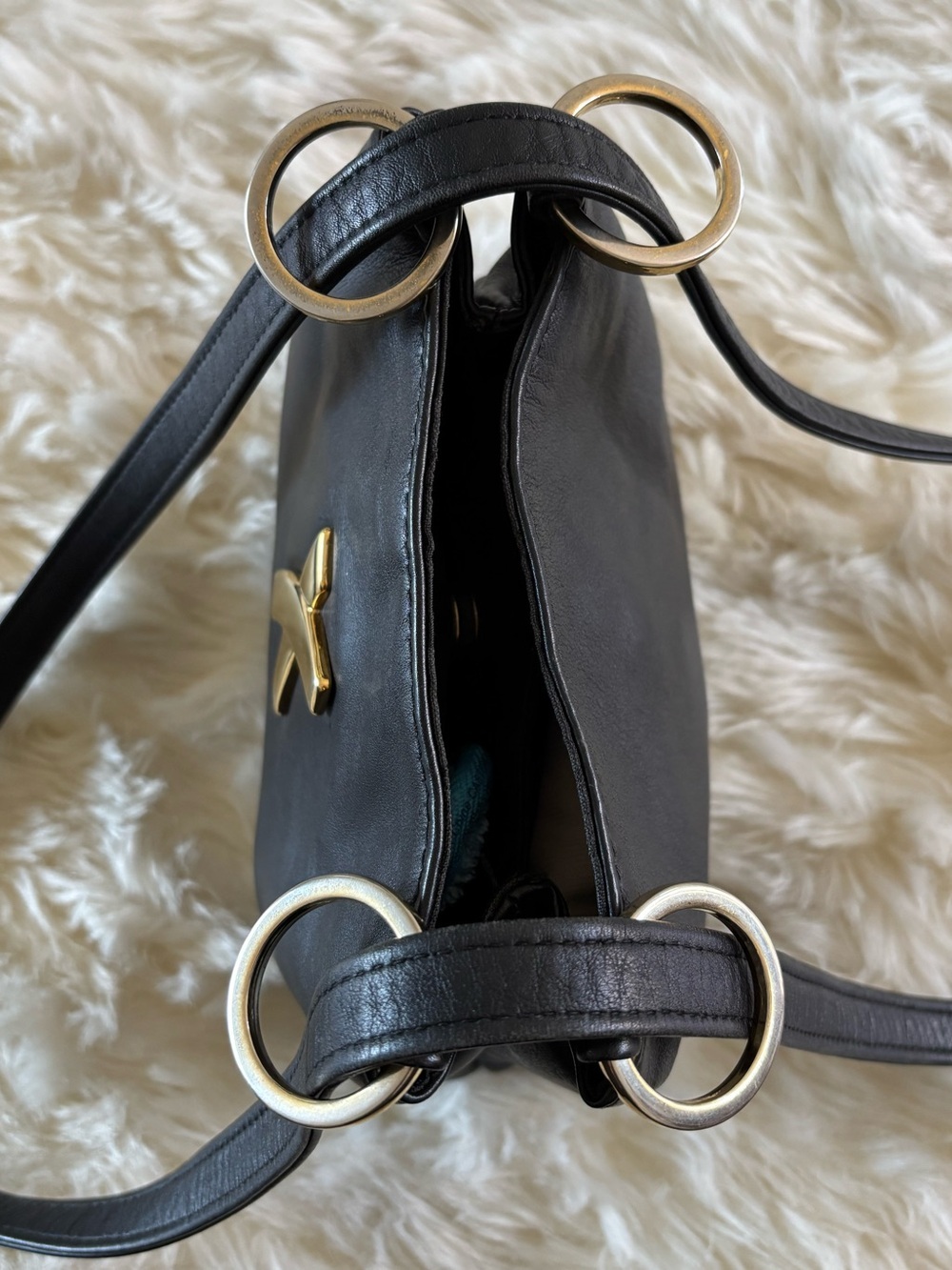 Vintage Petit Paloma Picasso Black Leather Shoulder/Crossbody w/ Gold "X" Logo - Picture 5 of 14